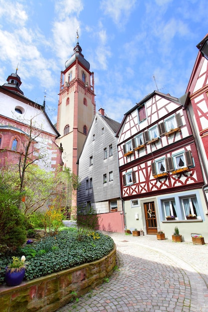 Old street in Tauberbischofsheim town, Germany. Wide angle shot.