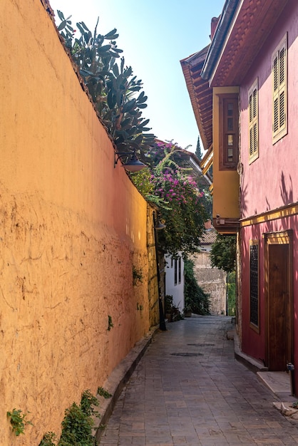 Old streets with vintage houses in the historical city center of Antalya