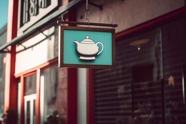 Old style blank store sign mockup street hanging mounted on the wall in front of cafe