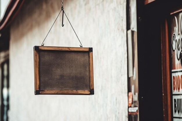 Old style blank store sign mockup street hanging mounted on the wall in front of cafe