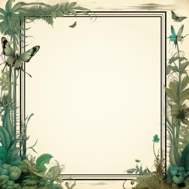 an old style frame with butterflies and plants