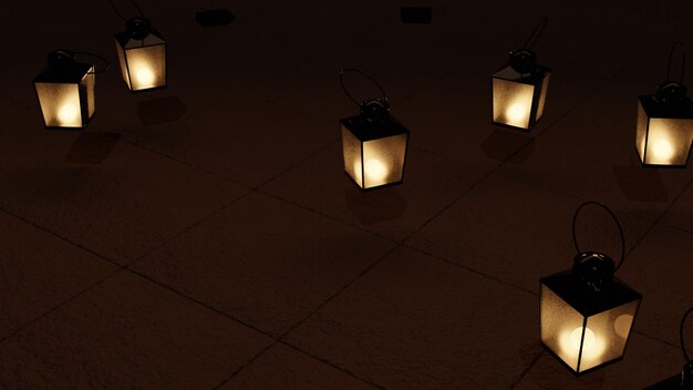 Old style lantern of brown tile floor with blur background in a starry night 3D Rendering