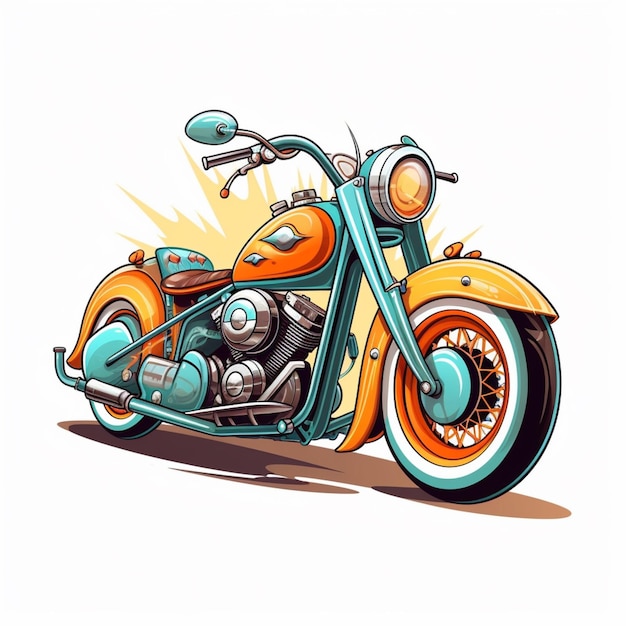 An old style motorcycle with orange and blue paint.