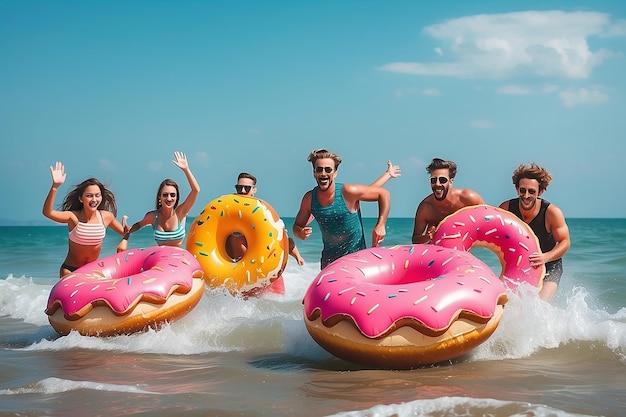 Фото Старое фото группы друзей, которые веселятся и бегут на морской пляж с надувными пончиками.