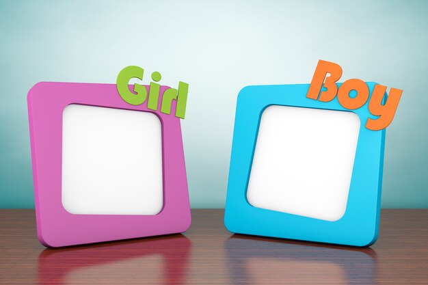 Old Style Photo. Photo Frames with Girl and Boy Signs on the table