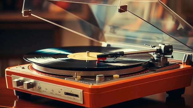 Old stylish vintage retro music vinyl player with records poster