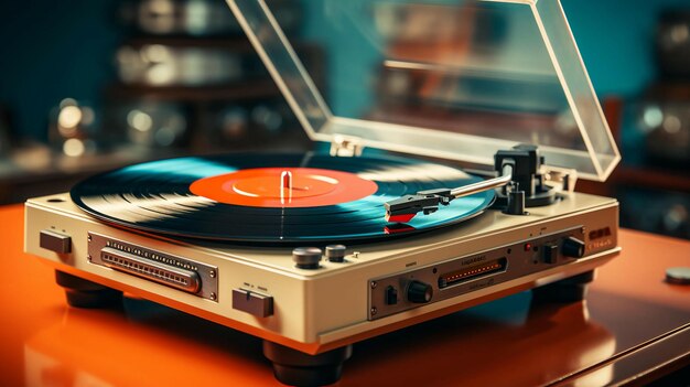 Old stylish vintage retro music vinyl player with records poster