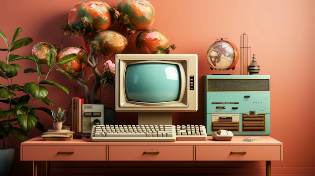 Old stylish vintage retro personal computer for video games and work poster from the 80s 90s