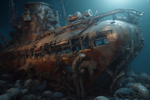 An old submarine in the ocean with a lot of corals and a lot of corals.