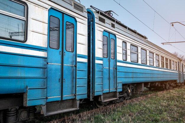 Old suburban train with closed door