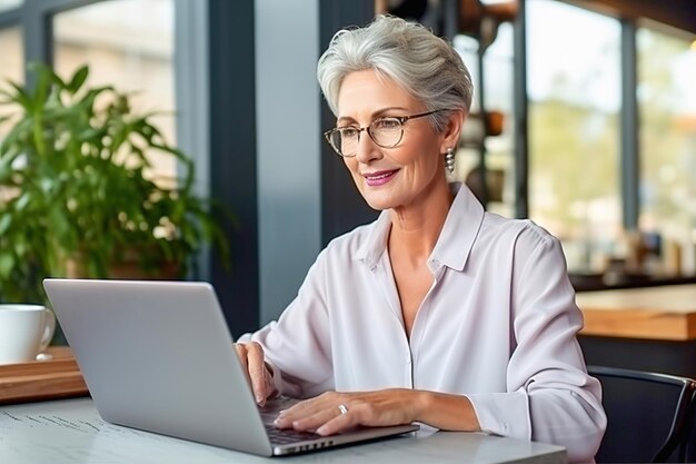 An old successful woman works on a computer