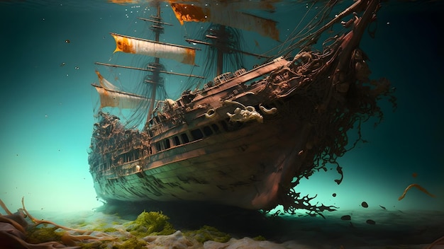 Старое затонувшее деревянное парусное судно на морском дне, созданное нейронной сетью