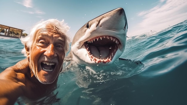 Photo old surfer man taking a selfie with a great white shark