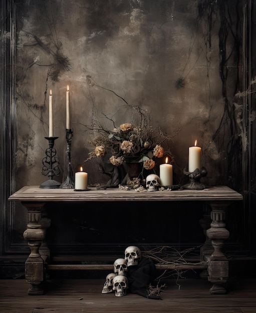 an old table with candles skulls and flowers in the middle part of the image is dark grey wallpaper