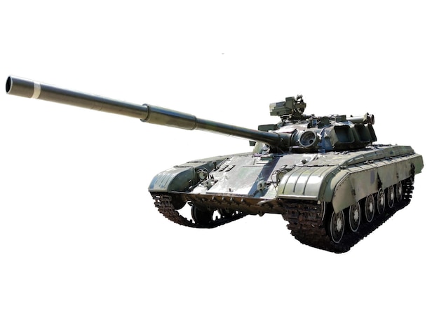 Old tank in olive color on a clipping path on a white background