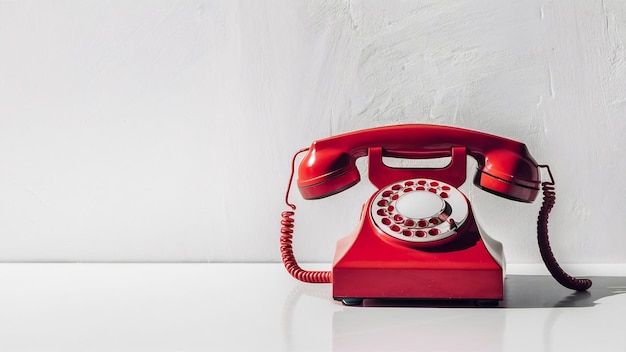 Old telephone in red color isolated on white surface