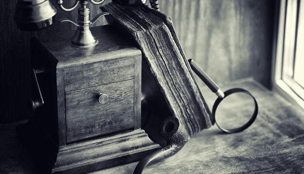 Old telephone and retro book on the desk. The phone of the past on an old wooden countertop. Long-distance telephone calls of the 19th century.