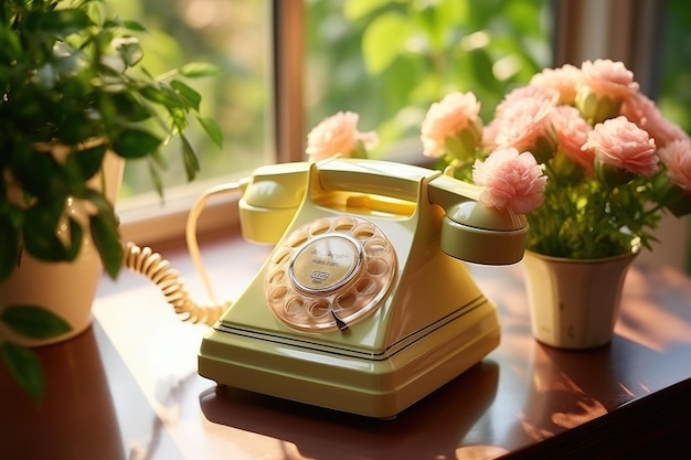 old telephone on vintage style pastel color table