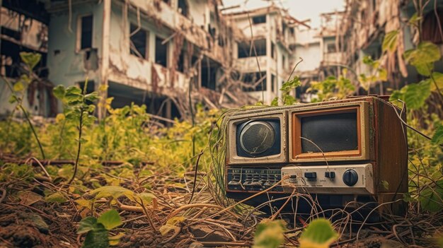 Старый телевизор стоит в траве перед зданием.