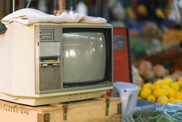 Photo old television on wooden cabinet