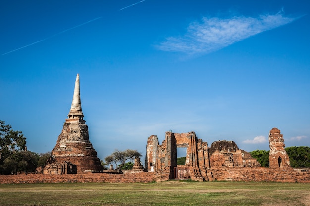 Old temple Ayutthaya History park in sunshine day with blue sky