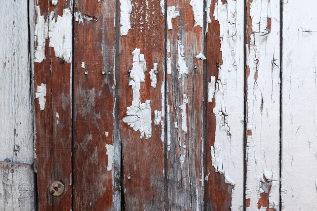 Old textured wood surface with defects and peeling paint Natural background of larch planks