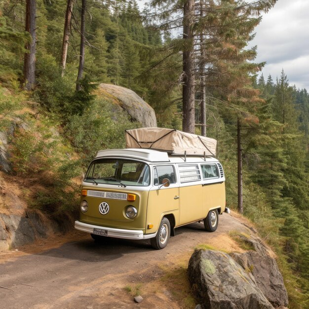 Photo old timer camper van parked on the top of the hill between pine trees generative ai