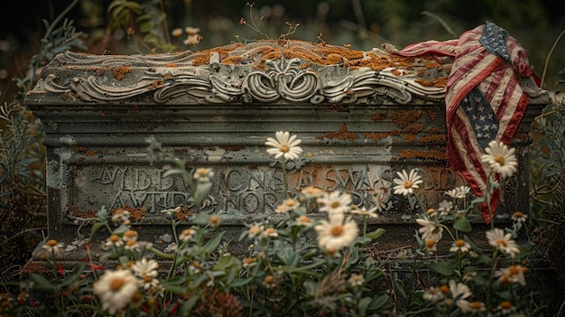 Photo an old tombstone with a tattered american wallpaper