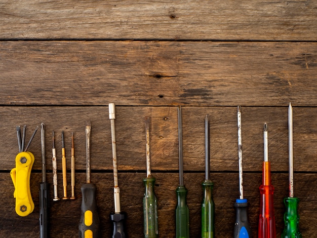 Old tools on a wooden table