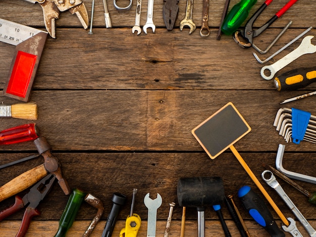 Old tools on a wooden table