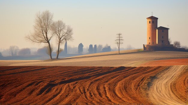 Old tower and building by ploughed field monferrato