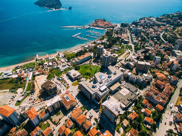 The old town of budva shooting with aerial drone montenegro