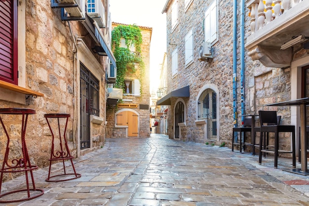 Old Town of Budva and traditional buildings of Montenegro