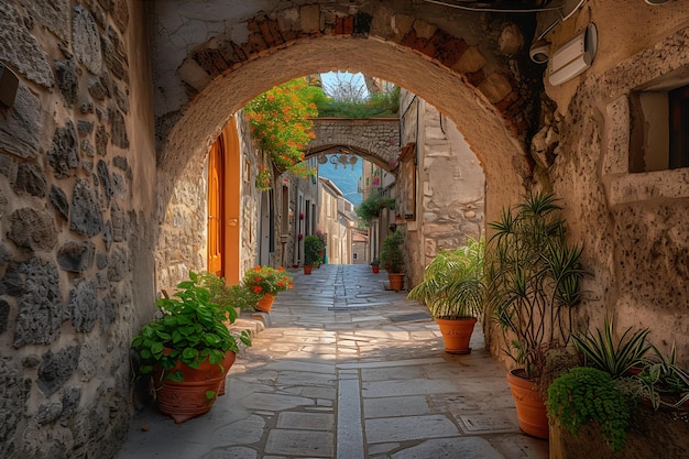 Photo old town focusing on long stone archway