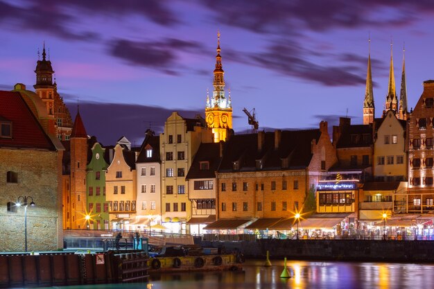 Old Town of Gdansk, Dlugie Pobrzeze, Bazylika Mariacka or St Mary Church, City hall and Motlawa River at night