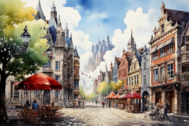 Старый город Гент Бельгия Европа Цифровая акварельная живопись