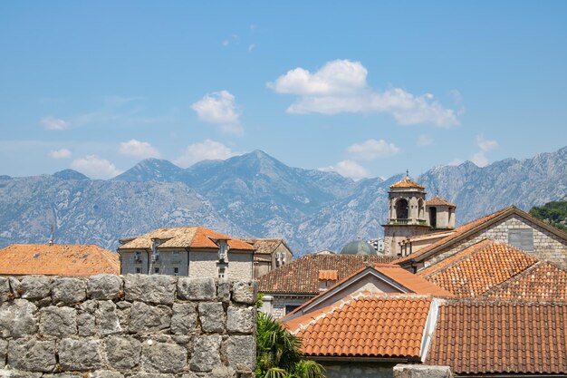 Old town of Kotor Montenegro on background of mountains and blue sky The bright beautiful landscape