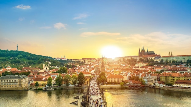 Old Town in Prague at sunset. Aerial view