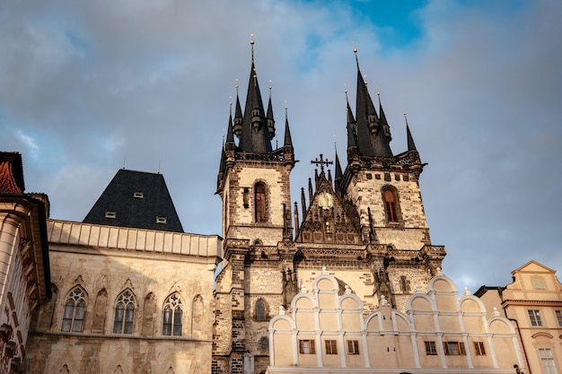 Old Town Square is the heart of the Czech city of Prague with many churches, old houses, a town hall and Prague chimes