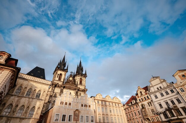 Old Town Square is the heart of the Czech city of Prague with many churches, old houses, a town hall and Prague chimes