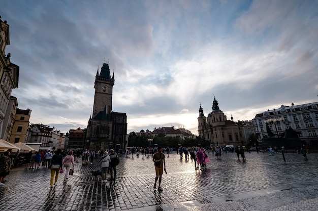 Old Town Square is the heart of the Czech city of Prague with many churches, old houses, a town hall and Prague chimes