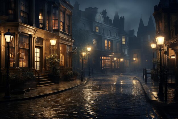 Old town street at night with fog and lights Bruges Belgium