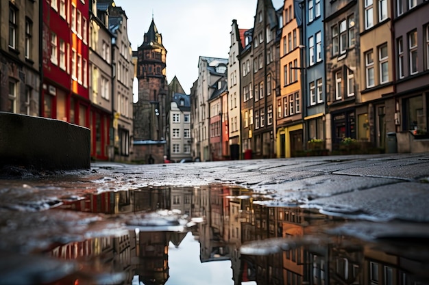 Old town tenements reflecting in a puddle after rain blurred background ar 32 v 52 Job ID 7b66a4138d674878b9318894d3b95dc4