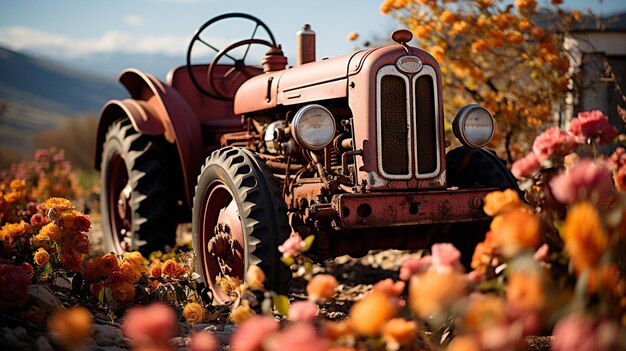 写真 美しい風景を描いた古いトラクターの横に駐車