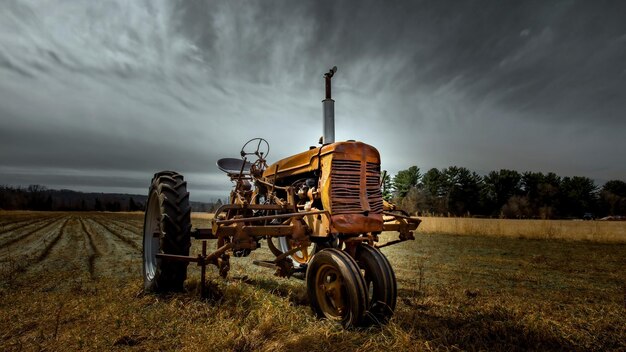 an old tractor with a plow attached to it that says  the word  on the side