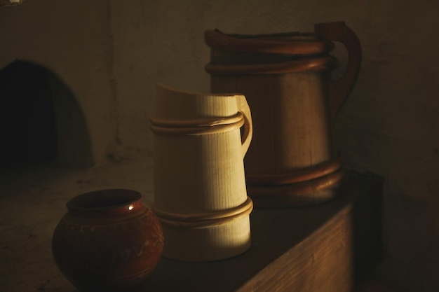 Old traditional dishes in old Ukrainian house