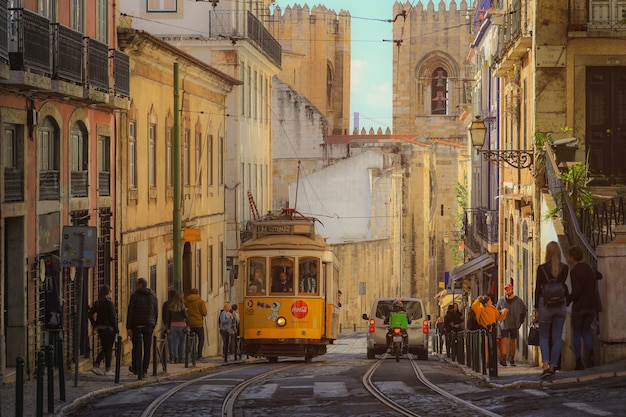 An old traditional tram carriage in the city centre of Lisbon, Portugal