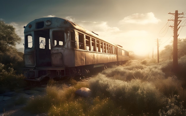 An old train is sitting in a field with a sunset in the background.