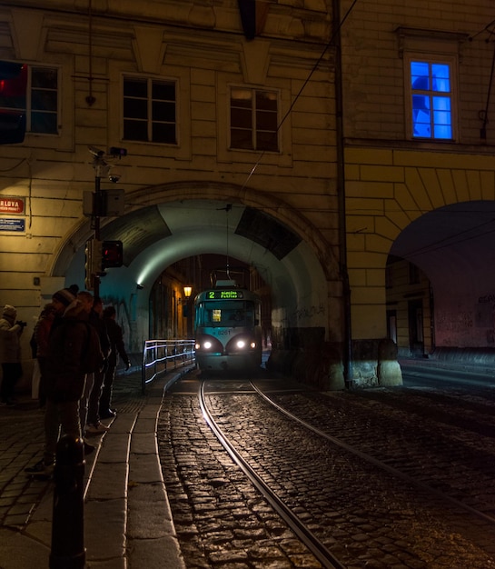 Old tram in Prague trolley car PRAGUE CZECH REPUBLIC street