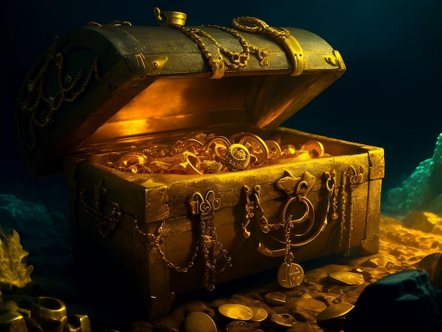 Photo old treasure chest is deep under the sea antique chest of gold ring gold necklacegenerative ai